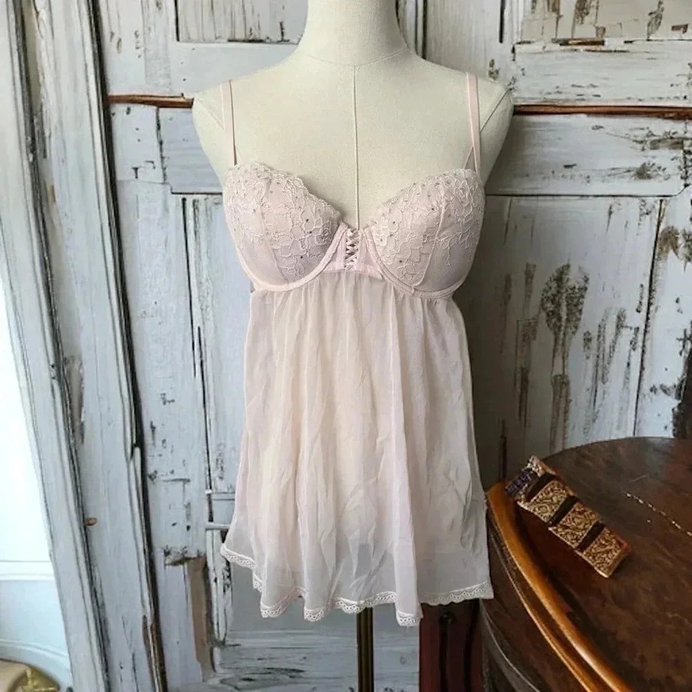 La Senza baby pink and rhinestone baby doll chemise L - Picture 1 of 7
